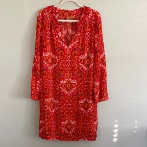 Tory Burch Women’s Red and Orange Sheer Long Sleeve Midi Dress Size 12